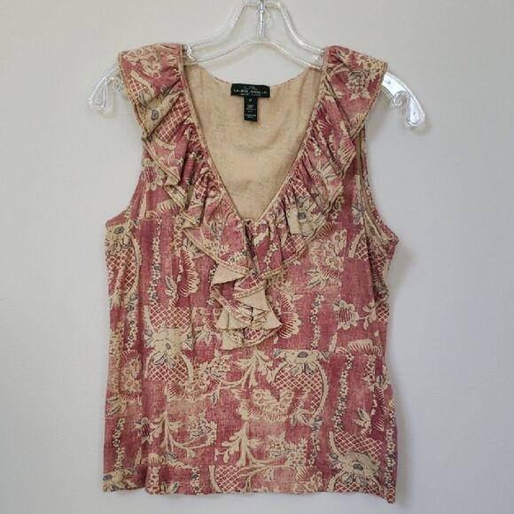 LRL Ralph Lauren Jeans Co Top Womens M Floral Red Tan Ruffled Keyhole V Neck - Picture 1 of 6